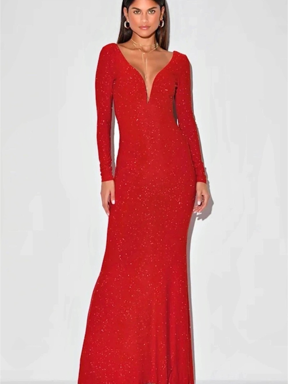 Lulu’s Glitter Burgundy Long Sleeve Backless Maxi Dress